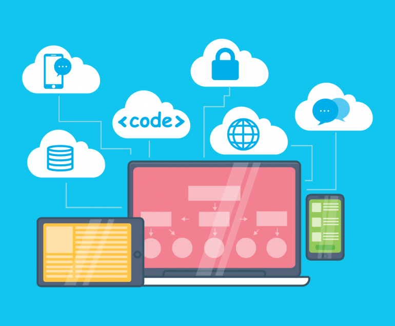 Photo of computer, phone, tablet, clouds with telecom icons
