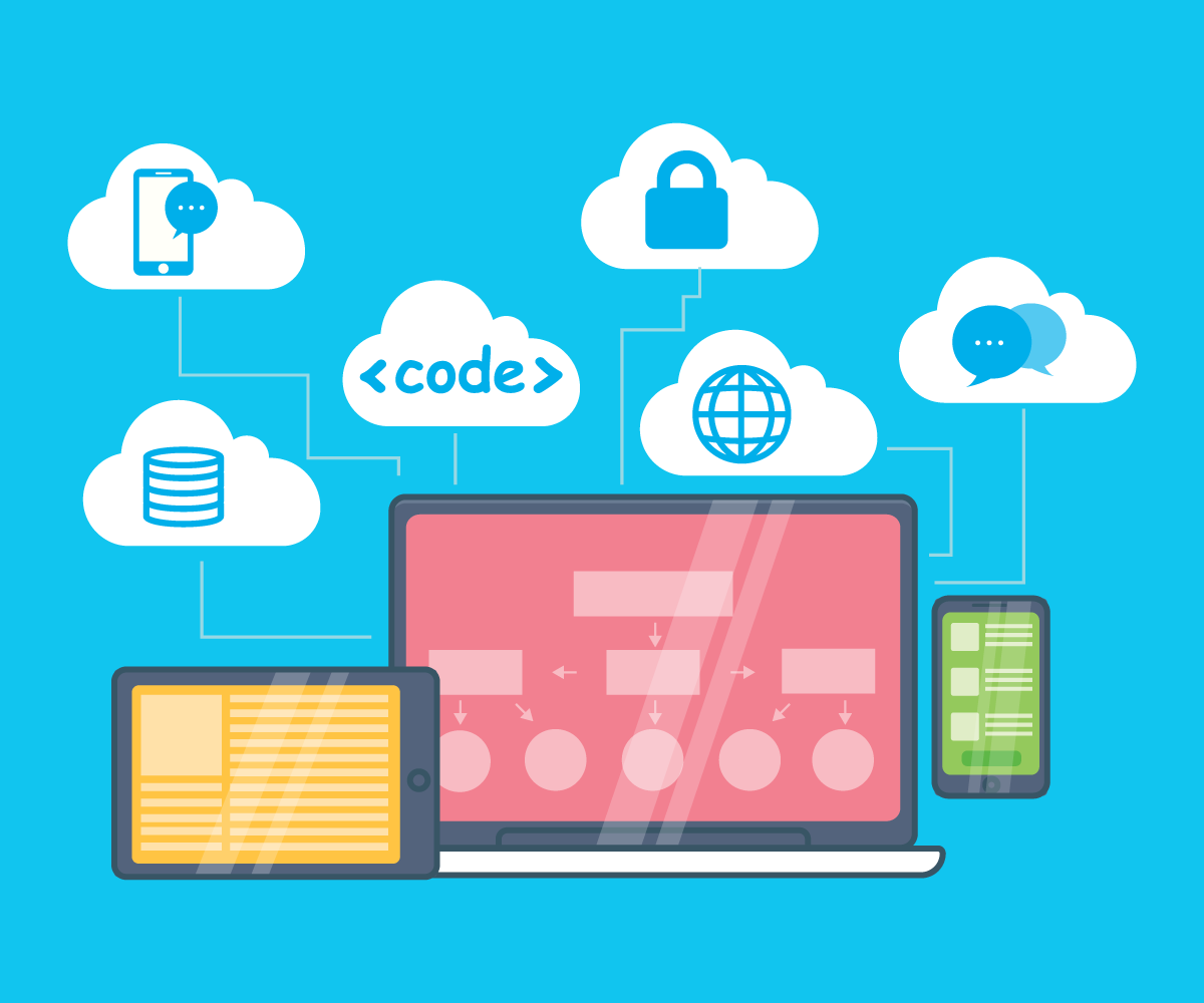 Photo of computer, phone, tablet, clouds with telecom icons