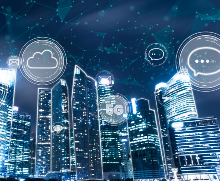 buildings in a city with vector graphics of clouds and texting