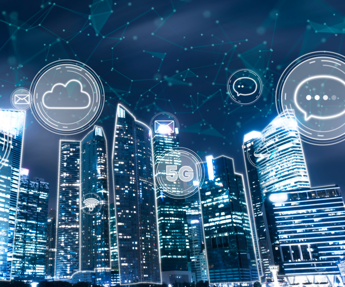 buildings in a city with vector graphics of clouds and texting